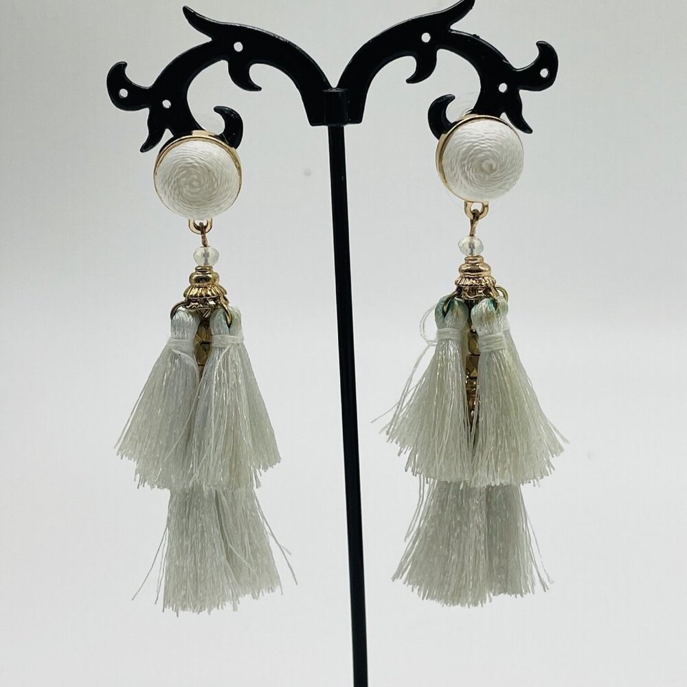 Vintage White Tassel Dangle Earrings Pierced Statement